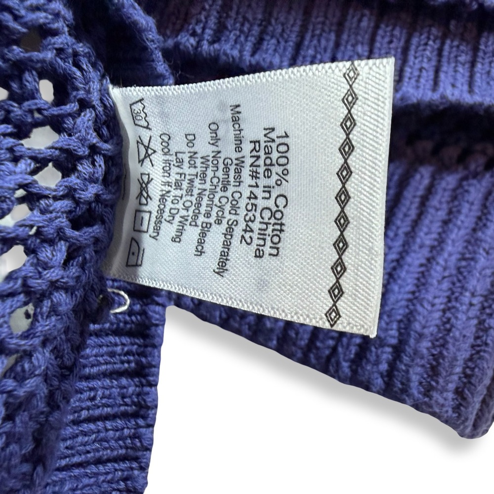 Paradise Shores Blue Open Knit Crochet Hoodie Sweater Side Button Cotton Large - Picture 7 of 7